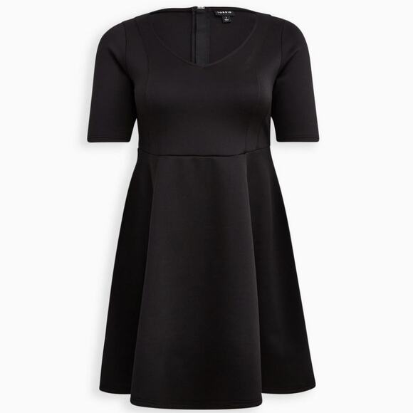 Torrid Fit & Flare Dress - Black Scuba Mini Zip Elbow Sleeve V Neck Plus 2X - Picture 2 of 12